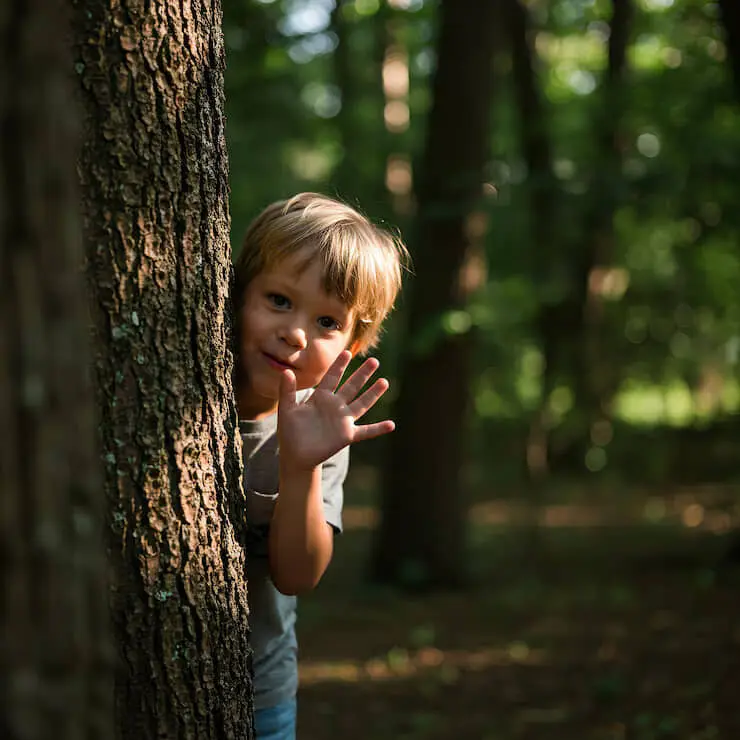 Bambino che gioca nel bosco